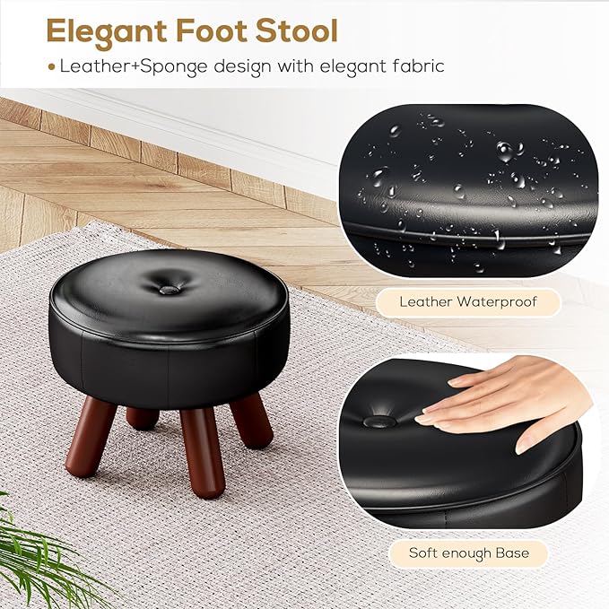 13in Small Foot Stool Ottoman, Round Faux Leather Foot Rest, Footstool Ottomans with Rubber Legs Under Desk, Footrest for Couch, Living Room, Bedroom, Office, 13''L x 13''W x 10.2''H, Black-CasaMuseHome
