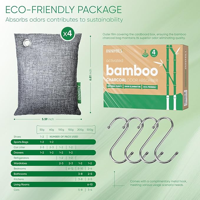 Activated Charcoal Odor Absorber, Odor Eliminator for Strong Odor,Bamboo Charcoal Air Purifying Bags for Home Car Closet Pet, Smoke Room Deodorizer (4 x 200g, Unscented)-CasaMuseHome