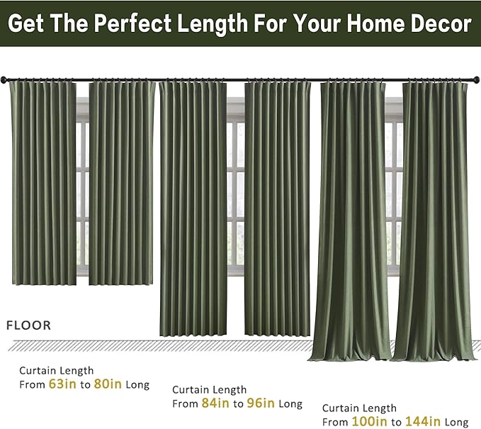 102 Inch Long Linen Blended Blackout Curtains 2 Panels, Back Tab Pleated Look Drapes for Track System with Hooks, Noise Reducing Country Blackout Winodw Curtains 50x102-Loden/Olive Green-CasaMuseHome
