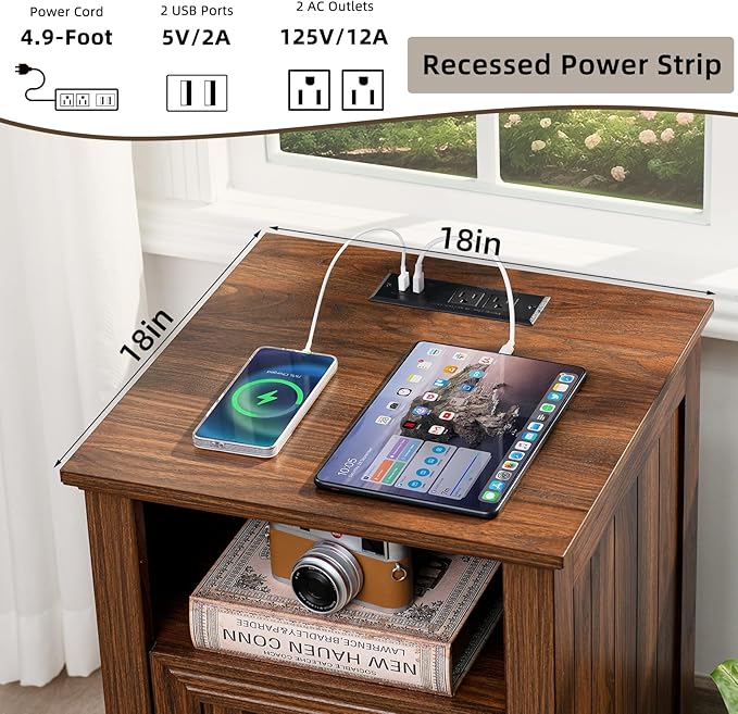 18" Farmhouse Night Stand with Charging Station, 2 Drawers End Table Dresser for Bedroom, Brown Wooden Nightstand, Bed Side Table with Open Shelf, Bedside Cabinet for Living Room, Closet-CasaMuseHome
