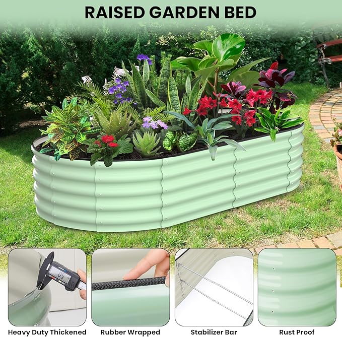2 Pcs 6x3x1ft Oval Raised Garden Bed, Galvanized Raised Beds,Open-Ended Base Metal Raised Planter Beds,Garden Bed Outdoor,Planter Raised Boxes for Vegetables, Flowers,Tool-Free Asse,Green-CasaMuseHome