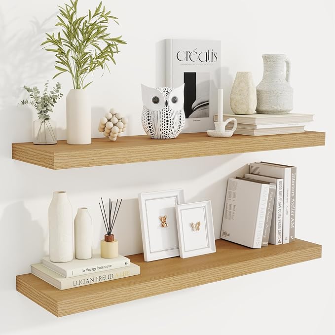 36 Inch Floating Shelves, 9.3 Inch Deep Rustic Wall Shelves - Extra Deeper Wall Mounted Storage Shelves for Bathroom, Kitchen, Living Room (Oak, Set of 2)-CasaMuseHome