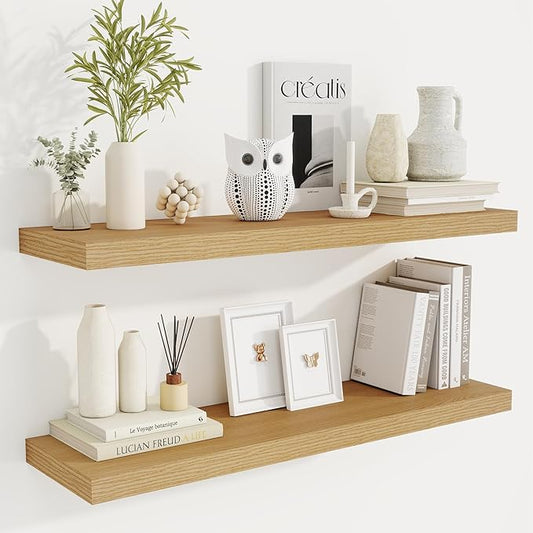36 Inch Floating Shelves, 9.3 Inch Deep Rustic Wall Shelves - Extra Deeper Wall Mounted Storage Shelves for Bathroom, Kitchen, Living Room (Oak, Set of 2)-CasaMuseHome