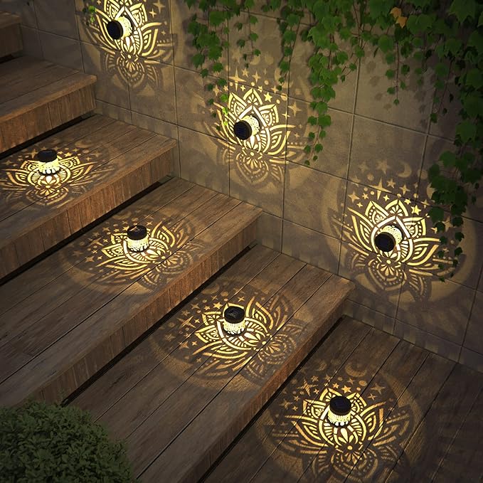 4 Pack Solar Fence Lights Metal Solar Powered Outdoor Wall Deck Lights Lotus Theme Waterproof Fence Light for Garden Post Patio Backyard Yard Decor (Lotus, 4 Pack)-CasaMuseHome