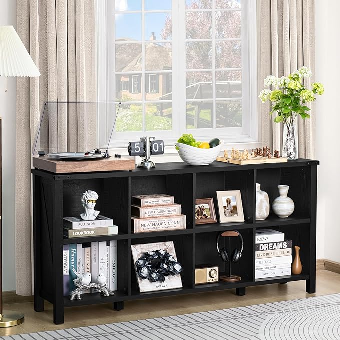 8 Cube Book Shelf, Farmhouse Wood Long Storage Organizer Bookcase, 62" Horizontal Black Console Closet Bookshelf, Hallway TV Stand for Entryway, Display Cabinet Book Case for Living Room-CasaMuseHome