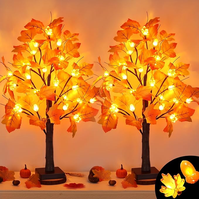 2 Pack 24 Inch Prelit Fall Maple Tree Fall Decor with 48 LED Timer Battery Operated Artificial Fall Light Up Tree Pumpkin Maple Acorn for Fall Thanksgiving Decorations Table Home Indoor Autumn Harvest-CasaMuseHome