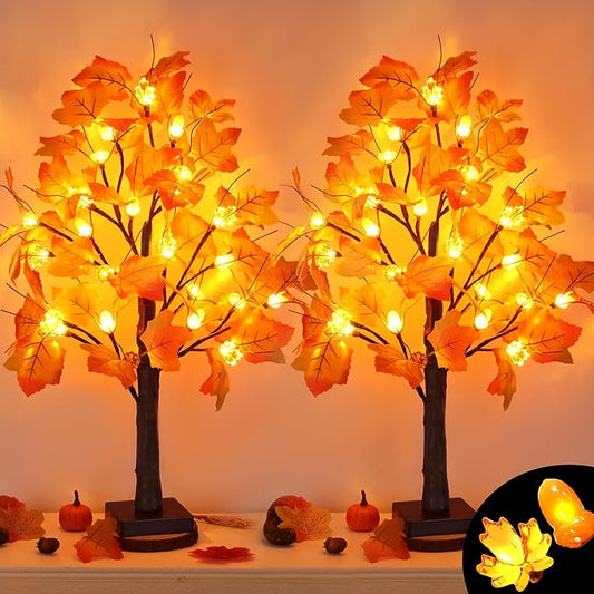 2 Pack 24 Inch Prelit Fall Maple Tree Fall Decor with 48 LED Timer Battery Operated Artificial Fall Light Up Tree Pumpkin Maple Acorn for Fall Thanksgiving Decorations Table Home Indoor Autumn Harvest-CasaMuseHome