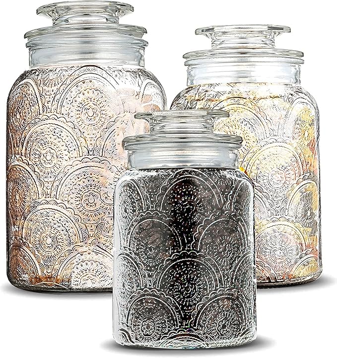 Le'raze Food Storage Containers with Airtight Lids - Retro Design - Pantry Organization, Glass Canisters Storage for Cookies, Tea, Sugar, Candy Jars, Sugar Packet, Set of 3-CasaMuseHome