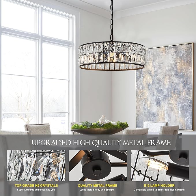 16” 4-Light Modern Crystal Chandeliers Black Dinning Room Light Fixture, Round Pendant Light Kitchen Island Chandelier, Flush Mount Ceiling Light for Living Room Entryway Bedroom Foyer-CasaMuseHome