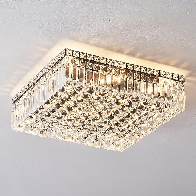 12-Lights Black Crystal Flush Mount Ceiling Light Fixtures,Elegant Crystal Chandelier Pendant Ceiling Lamp for Bedroom,Living Room,Dining Room,Hallway H5.9 x W20 x L20 (Bulb Not Included)Square-CasaMuseHome