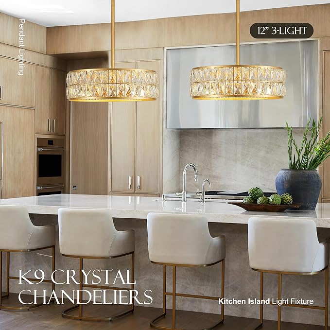16” 4-Light Modern Crystal Chandeliers Gold Dinning Room Light Fixture, Round Pendant Light Kitchen Island Chandelier, Flush Mount Ceiling Light for Living Room Entryway Bedroom Foyer-CasaMuseHome