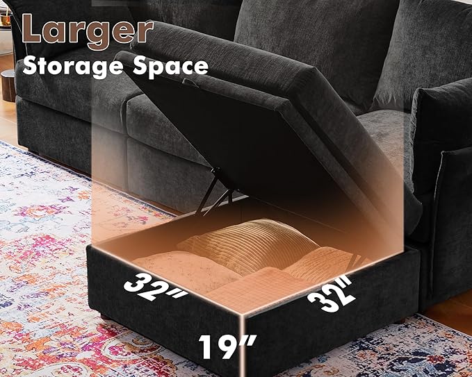 136.4" Oversized Modular Sectional Sleeper Sofa Bed, U Shaped Convertible Couch with Movable Ottoman, Large 8 Seat Corner Couches for Living Room Deep Seat Black Chenille-CasaMuseHome