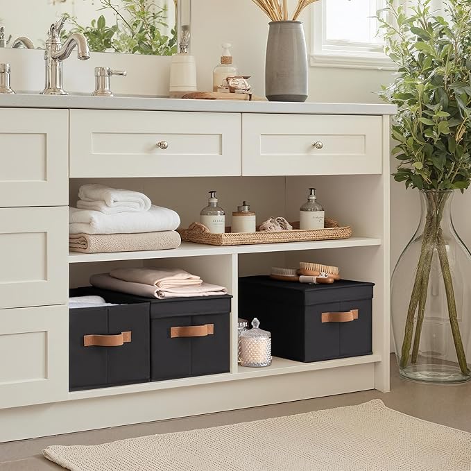 StorageWorks Large Storage Bins with Lids, Decorative Storage Boxes with Lid and PU Handles, Foldable Storage Baskets for Closet, Shelves, Stackable, Black, 3-Pack-CasaMuseHome