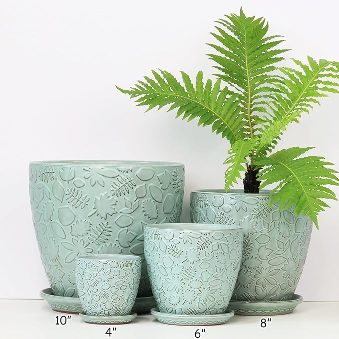 8 Inch + 6 Inch Plant Pots for Indoor Plants, Ceramic Planter with Drainage Hole and Saucers, Garden Pots for Succulent, Orchid, and Flower, Set of 2-CasaMuseHome