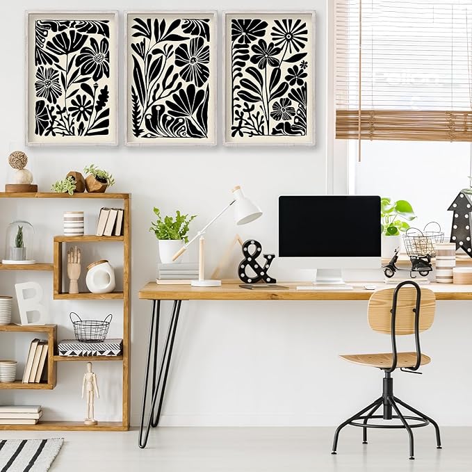 Abstract Floral Botanical Wall Art 16x11 Inch 3 Piece Black Vintage Boho Plant Flower Minimalist Wood Frame Sign Home Living Room Family Office Mid Century Print Wall Hanging Decor (White)-CasaMuseHome