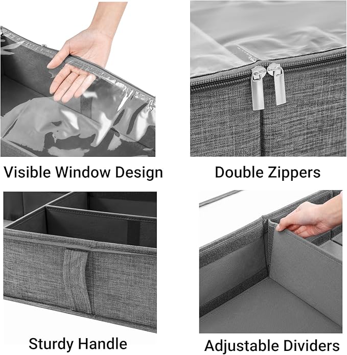 2 Packs Under Bed Storage Containers, Foldable Clothes Draw Organizers with Adjustable Dividers, Handles, Clear Window, Closet Storage Bins for Clothing, Shoes, Blankets-CasaMuseHome