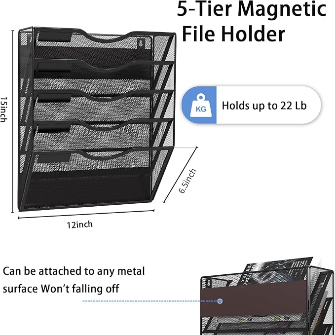 5-Tier Magnetic File Holder, No Drilling Installation File Cabinet Organizer, Black Magnetic File Organizer, Magazine Rack, Magnetic Paper Holder for Refrigerator, File Cabinets, Whiteboard-CasaMuseHome