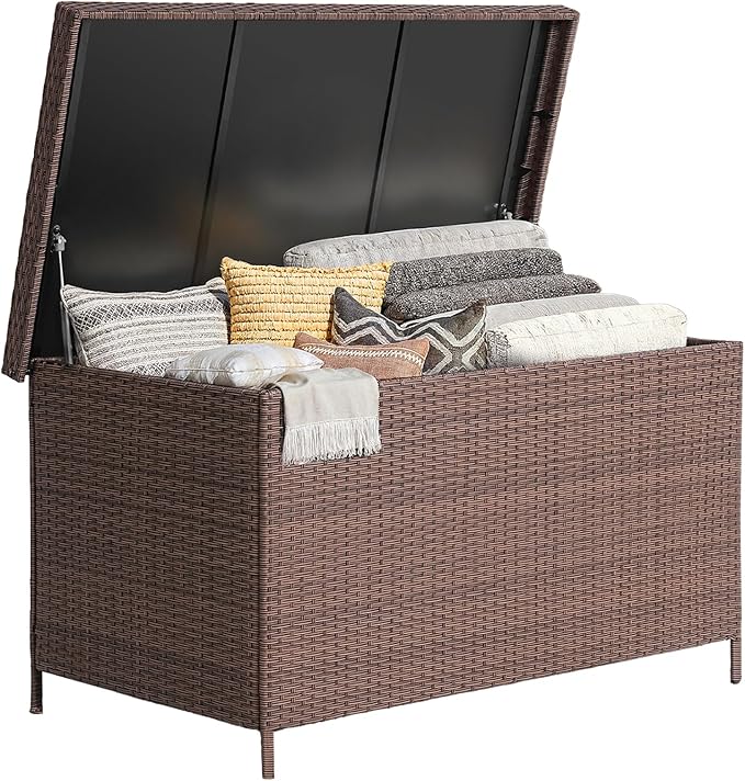 158 Gallon XL Deck Box with Lid, All Weather Wicker Outdoor Storage Box Waterproof, Large Outdoor Patio Storage Bin for Cushions, Garden Tools, Gears, Pool Accessories, Brown-CasaMuseHome