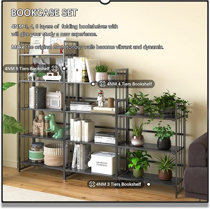 4NM No Assembly 4 Tiers Folding Bookshelf, 47.2" H Foldable Storage Shelves Vintage Bookcase Standing Racks Study Organizer Home Office - All Black-CasaMuseHome