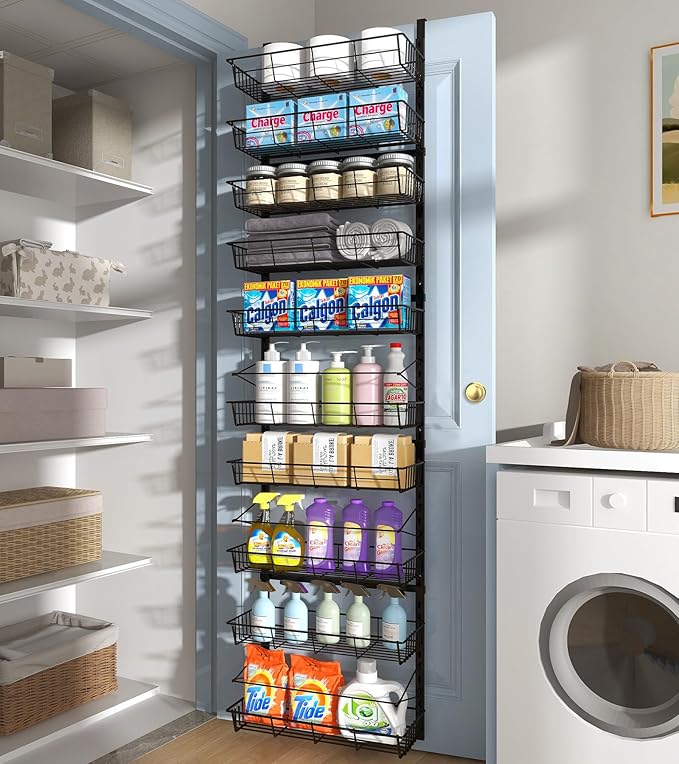 10-Tier Over The Door Pantry Organizer, Pantry Organization and Storage, Black Metal Hanging Adjustable Basket, Wall Spice Rack Seasoning Shelves, Home & Kitchen Essentials-CasaMuseHome