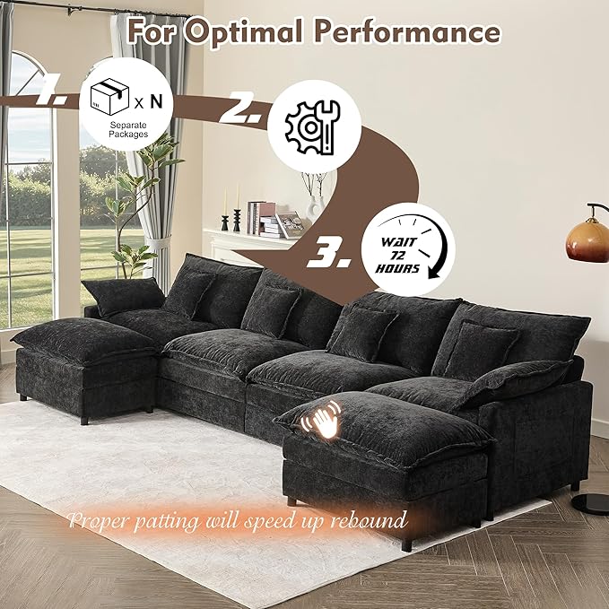 142.5" U Shaped Couch, Modular Sectional Sofa, 3-Seater Comfy Cloud Couch with Movable Ottoman, Deep Seat Couches for Living Room, Chenille, Black-CasaMuseHome