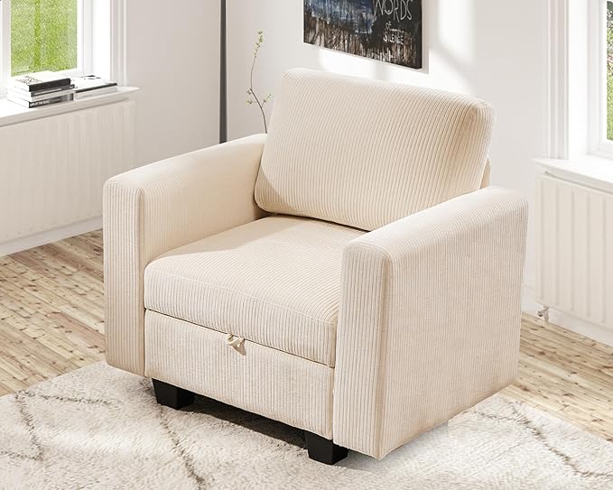 38.5 Oversized Accent Chair with Storage Ivory Corduroy, Single Modern Accent Sofa Chair with Arms for Apartment Living Room (21" Deep Seat)-CasaMuseHome