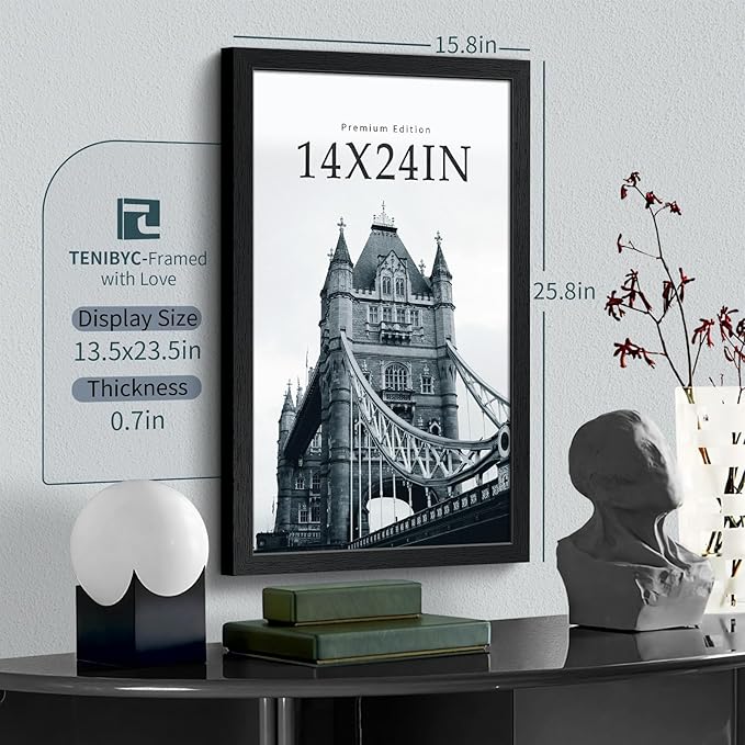 14x24 Poster Frame 3 Pack, Textured Black Solid Wood Gallery Picture Frame - Wall Hanging-CasaMuseHome