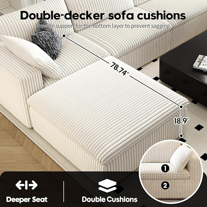 118" Cloud Couch Oversized Modular Sectional Sofa for Living Room,Modern Sofa with Deep Seat，V Shaped Boneless Couch,Comfy Upholstered Corduroy Couches for Apartment, Studio, Office,Bedroom，White-CasaMuseHome