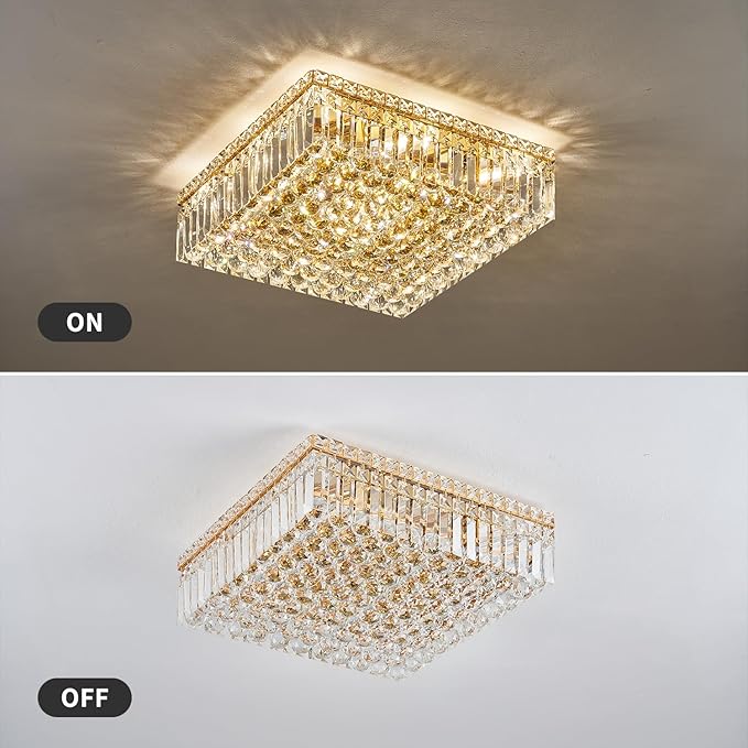 12-Lights Gold Crystal Flush Mount Ceiling Light Fixtures,Elegant Crystal Chandelier Pendant Ceiling Lamp for Bedroom,Living Room,Dining Room,Hallway H5.9 x W20 x L20 (Bulb Not Included) Square-CasaMuseHome