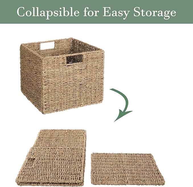 12x12x10in Seagrass Storage Baskets Set of 2, Large Wicker Storage Basket, Decorative Seagrass Shelf Basket, Pantry Baskets Organization,Folding Storage Cube Bins-CasaMuseHome