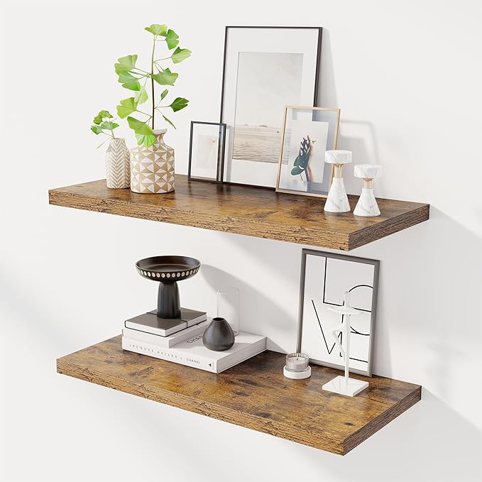 30" Floating Shelves for Wall, 12" Deep Slim Rustic Brown Floating Shelves, Wall-Mounted Shelves for Bedroom, Living Room, Kitchen, Bathroom - Set of 2-CasaMuseHome