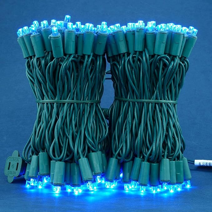 200 Count Blue Wide Angle LED Christmas Lights, 66 ft Green Wire UL Certified Commercial Grade 5mm Holiday String Light Set (Blue)-CasaMuseHome