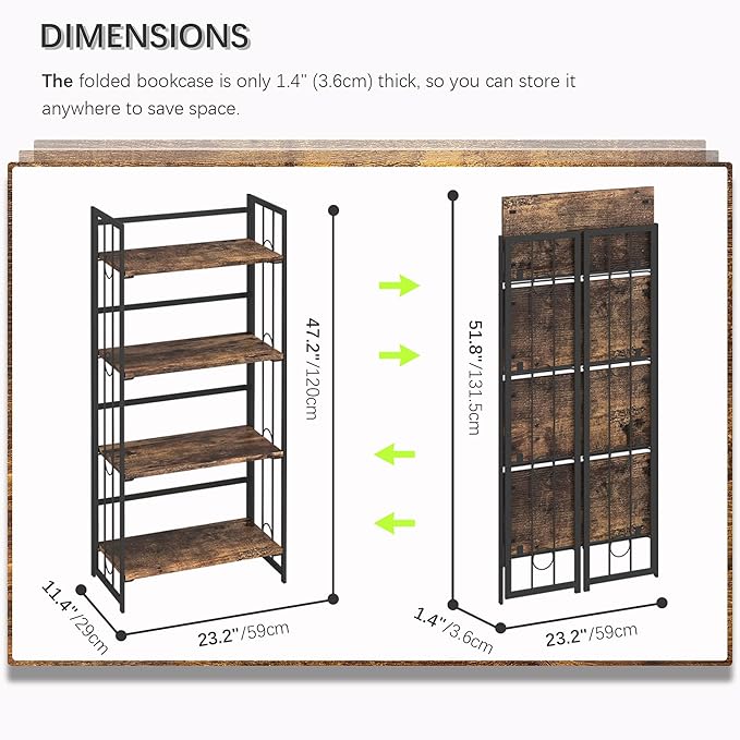 4NM No Assembly 4 Tiers Folding Bookshelf, 47.2" H Foldable Storage Shelves Vintage Bookcase Standing Racks Study Organizer Home Office - Rustic Brown Black-CasaMuseHome