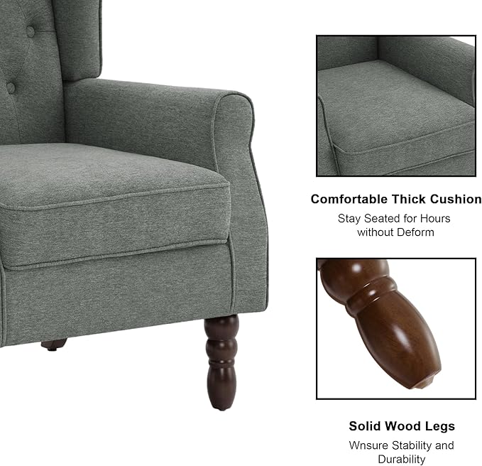 Accent Chair, Upholstered Armchair with Button Tufted High Back & Solid Wood Legs, Comfy Wingback Reading Single Sofa Chair for Small Spaces, Living Room, Bedroom (Grey, Set of 1)-CasaMuseHome