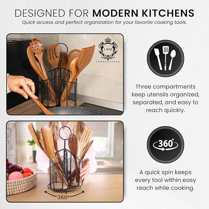 360° Rotating Kitchen Utensil Holder- 3 Compartment Organizer with Cork Bottoms | Includes Premium 9-Piece Acacia Wood Utensil Set | Professional & Home Luxury Design | Metal Utensil Crock (Black)-CasaMuseHome
