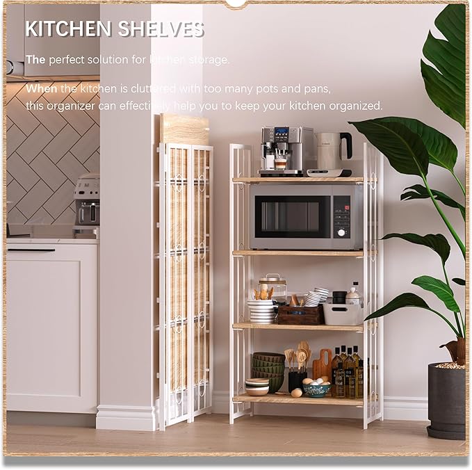 4NM No Assembly 4 Tiers Folding Bookshelf, 47.2" H Foldable Storage Shelves Vintage Bookcase Standing Racks Study Organizer Home Office - Natural White-CasaMuseHome