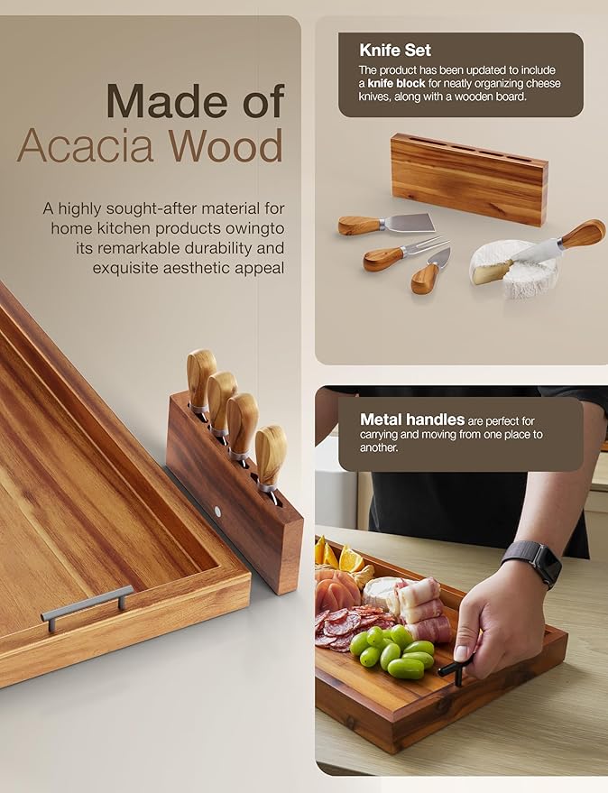 Acacia 30 Inch Large Charcuterie Board with Cheese Knife Set of 4 – Acacia Wood Serving Tray With Handles, Long Charcuterie Board, Large Charcuterie Boards for Party, Wooden Cheese Board-CasaMuseHome