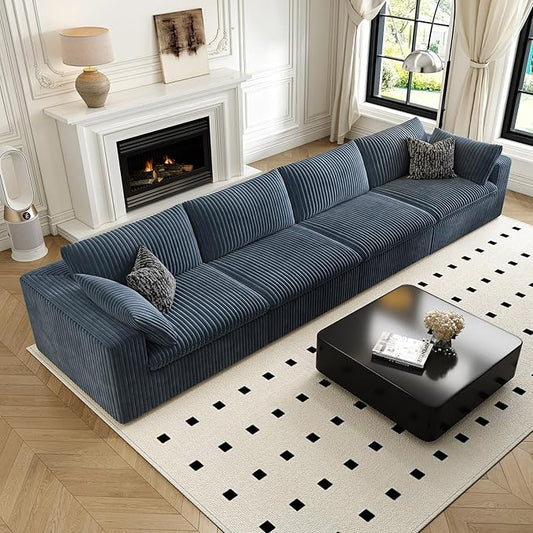 157.5" Cloud Couch Modular Sectional Sofa for Living Room,Modern Sofa with Deep Seat，4 Seater Boneless Couch,Comfy Upholstered Corduroy Couches for Apartment, Studio, Office,Bedroom，Blue-CasaMuseHome