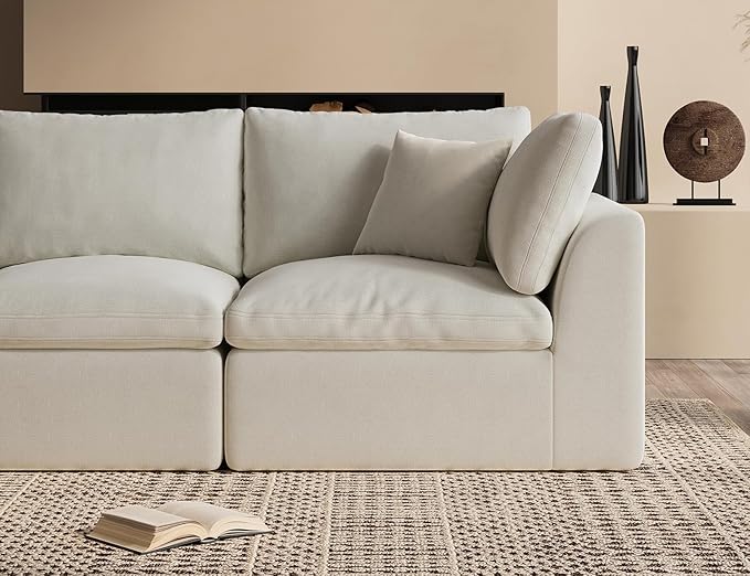 110" Cloud Sectional Couches for Living Room, Convertible L-Shape Couch with Ottoman, 3 Seater Modular Sectional Sofa, Warm White-CasaMuseHome