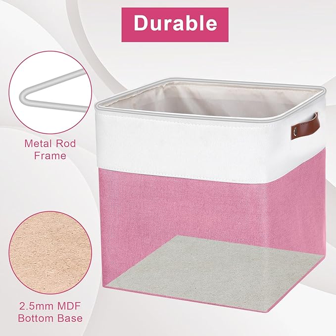 13x13 Cube Storage Bins, Collapsible Fabric Storage Box, 4 Pack Closet Baskets with Handles for Organizing, Shelf, Toys, Clothes, Home, Office, Nursery (Pink&White)-CasaMuseHome