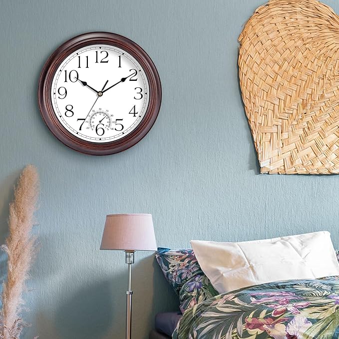 14 Inch Outdoor Wall Clock with Thermometers, Vintage Silent Wall Clocks Battery Operated, Retro Non-Ticking Clock Decorative for Living Room, Patio, Kitchen, Office, Bathroom, Bedroom(Bronze)-CasaMuseHome