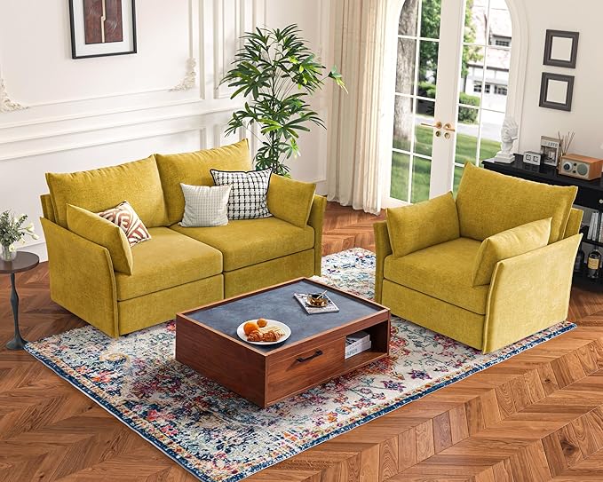 135.5" Oversized Modular Sectional Sofa, L Shaped Convertible Couch with Movable Ottoman, 5 Seat Corner Couches for Living Room Deep Seat Yellow Chenille-CasaMuseHome