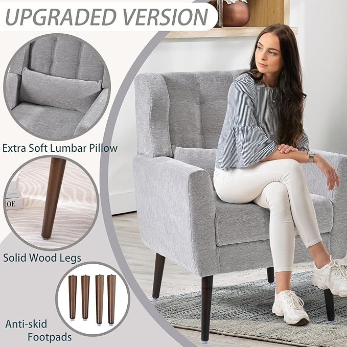 Accent Chair Set of 2, Upholstered Armchair with Pillow, Fabric Single Sofa Chair with Lounge Seat and Wood Legs Accent Chair for Living Room Small Spaces (Grey, Set of 2)-CasaMuseHome