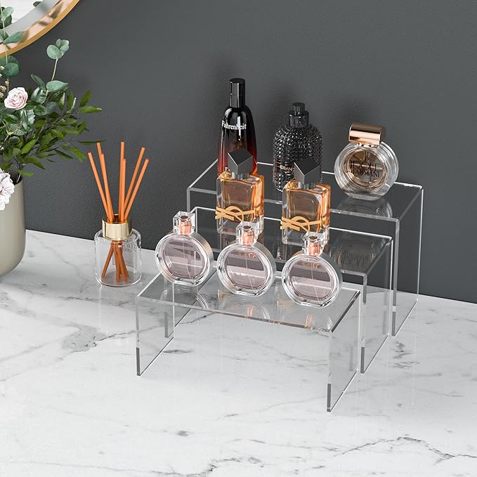 9x9.5x10 Inch Clear Display Risers Shelf 3pcs, Countertop Rectangular Acrylic Display Stands for Funko Pop Figure, Bags, Collectibles-CasaMuseHome