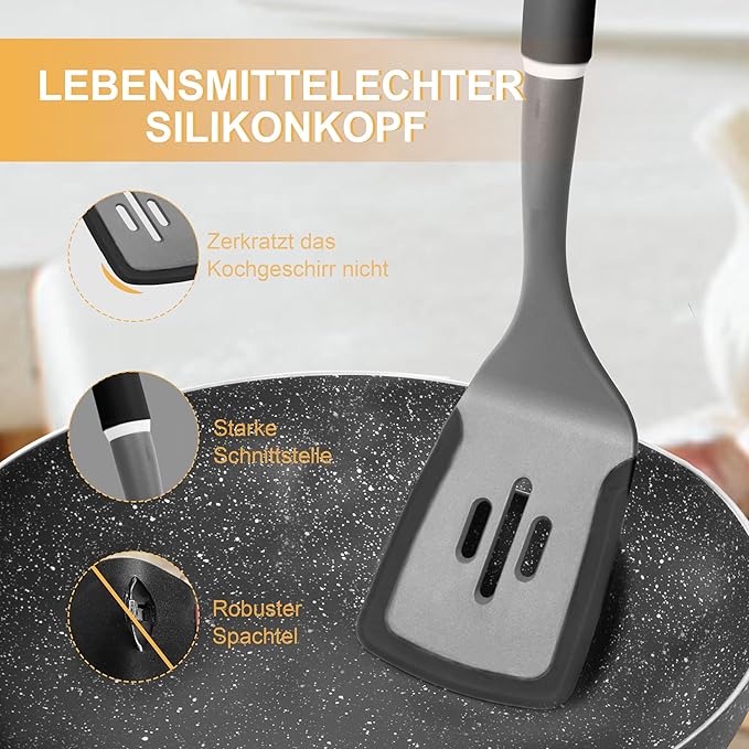 6-Piece Silicone Kitchen Utensil Set with Rotating Stand, Non-Stick, Heat-Resistant (400°F), Nylon Handle, Cooking Spatula Set for Baking & Cooking, Light Gray-CasaMuseHome