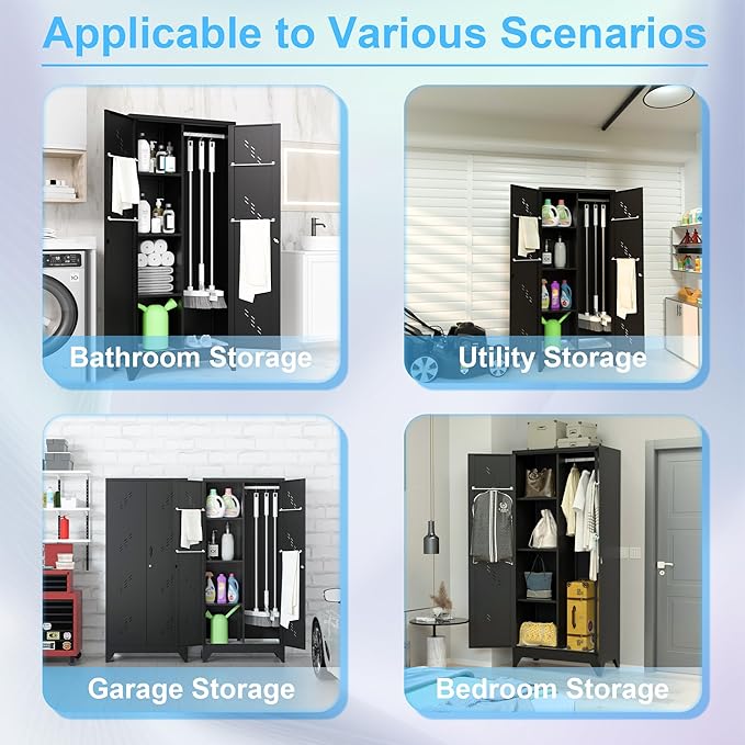 71'' Metal Storage Cabinet with Doors, Multifunctional Bathroom/Garage Lockable Steel Cabinet, Broom Closet Storage with Hanging Rod (Style-1)-CasaMuseHome