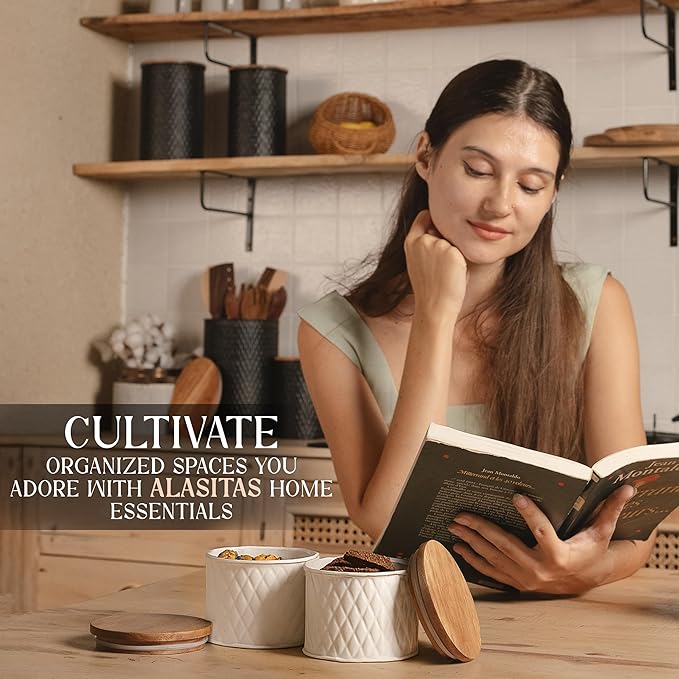 6 Canister Set for the Kitchen Countertop – Metal Food Storage Canisters with Airtight Lids for Flour, Tea, Crafts, Coffee, & Sugar – Container Set with Modern Wood Lids, White-CasaMuseHome