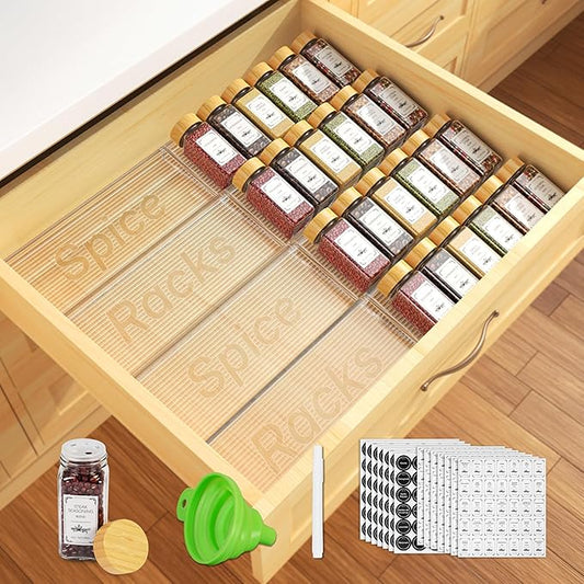 24 Spice Jars with Spice Drawer Organizer, 355 Spice Labels, 4 Pack Expandable From 11'' to 21'' Acrylic Spice Rack for Drawer, Seasoning Containers Storage Organization for Kitchen Cabinet Countertop-CasaMuseHome