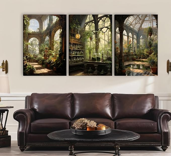 3pcs Framed William Morris Green Plants Canvas Wall Art Medieval Castle Posters Prints Gothictalian Landscape Painting Pictures Paintings Wall Decor for Living Room Bathroom Bedroom Decoration-CasaMuseHome