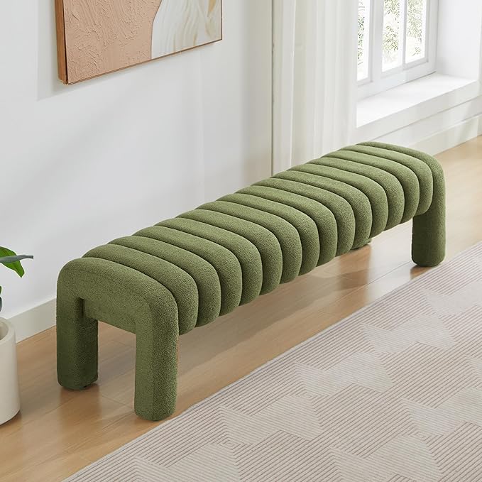 63" Bedroom Bench, Upholstered Entryway Bench, Modern End of Bed Ottoman with Solid Wood Legs and Adjustable Foot Pegs for Entryway, Dining Room and Living Room, 440lbs (Green Boucle)-CasaMuseHome